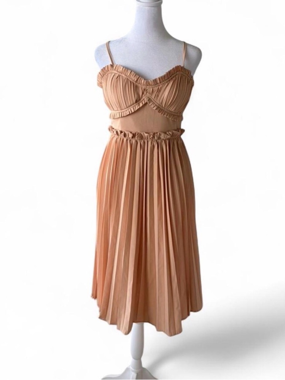 Pleated Ruffle Bustier Midi Dress in Blush Pink